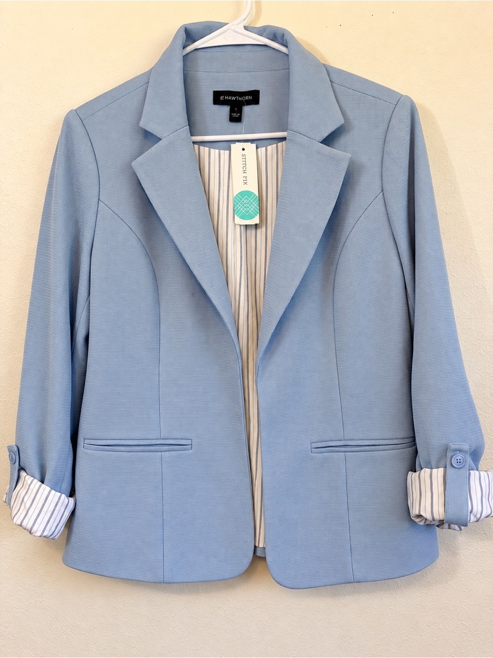 41 Hawthorn Stitch Fix Light Blue Knit Blazer Size L NWT Roll Quiet Luxury